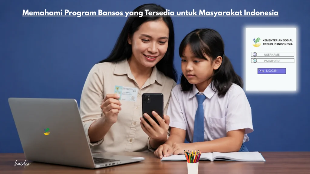 Ibu dan anak menggunakan smartphone untuk mempelajari program bantuan sosial (Bansos) Kemensos Indonesia dengan laptop di meja.