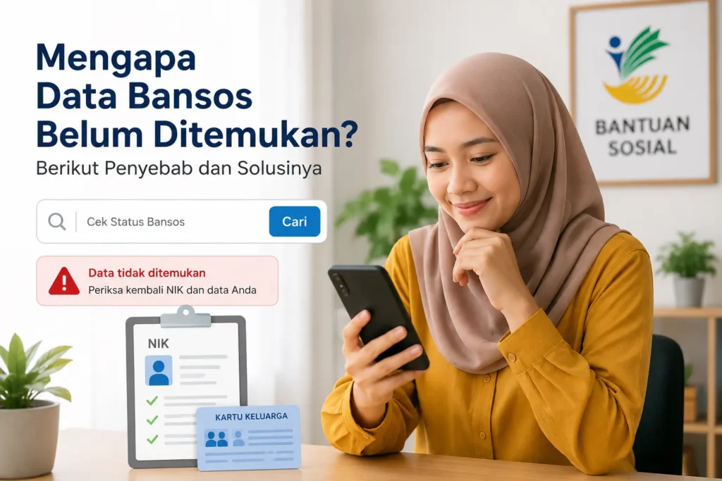 Ilustrasi warga Indonesia memeriksa status bantuan sosial menggunakan aplikasi Cek Bansos di ponsel ketika data bansos belum ditemukan.